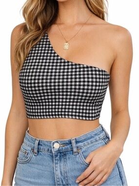 Missguided Gingham One Shoulder Crop Top Y2K Picnic Cottagecore Stretch Bralette